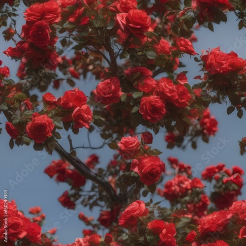 A tree covered in blooming, fiery-red roses that seem to burn like flames in the sunlight4