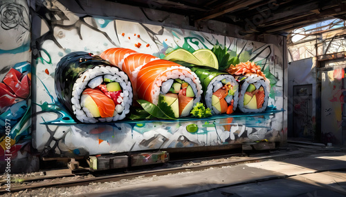 Fantastic graffiti depicting sushi in anime style. Generative AI