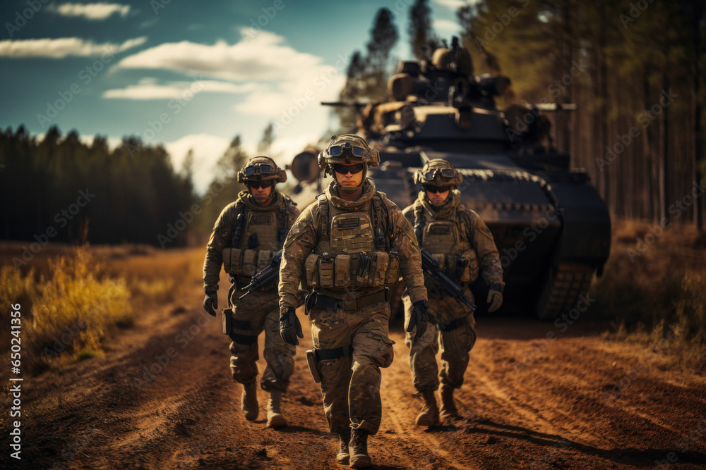 Soldiers in helmets and military ammunition in the desert Soldiers in helmets and military ammunition in the desert
