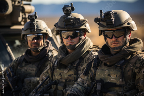 Soldiers in helmets and military ammunition in the desert