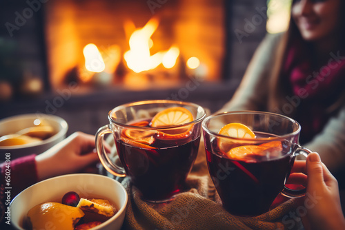 A family is enjoying cups of mulled wine at home, all snuggled under blankets on the sofa
