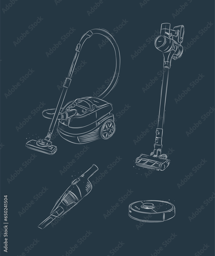 Vacuum cleaner set regular, cordless, robot, portable drawing in graphic style on blue background
