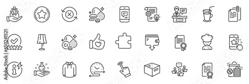 Icons pack as Chromium mineral, Inclusion and Chemistry lab line icons for app include Cogwheel, Table lamp, Loyalty star outline thin icon web set. Puzzle, Wallet, Reject refresh pictogram. Vector