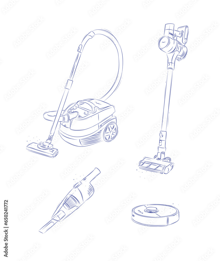 Vacuum cleaner set regular, cordless, robot, portable drawing in graphic style on light background