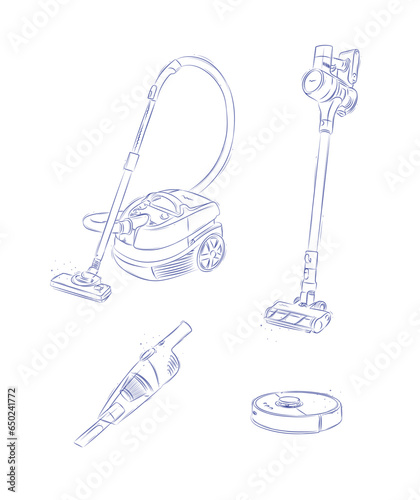 Obraz na płótnie Vacuum cleaner set regular, cordless, robot, portable drawing in graphic style on light background w salonie