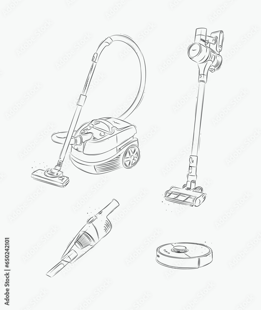 Vacuum cleaner set regular, cordless, robot, portable drawing in graphic style on white background