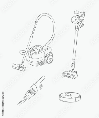 Vacuum cleaner set regular, cordless, robot, portable drawing in graphic style on white background