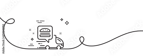 Food delivery truck line icon. Continuous one line with curl. Contactless meal order sign. Grocery delivery symbol. Food delivery single outline ribbon. Loop curve pattern. Vector