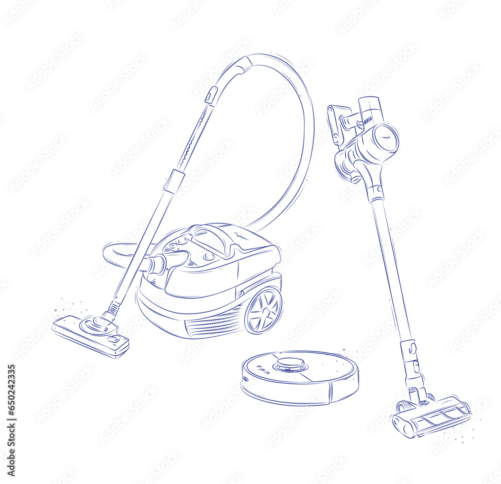 Vacuum cleaner types regular, cordless, robot drawing in graphic style on light background