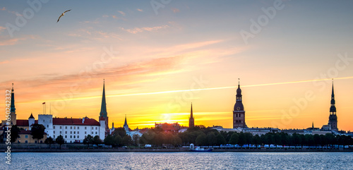 Waterfront morning view on historical district of Riga - the capital city of ...