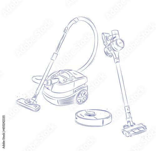 Vacuum cleaner types regular, cordless, robot drawing in graphic style on light background