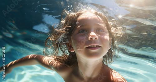 little girl underwater swimming in pool during sunny day