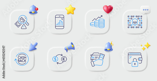 Currency exchange, Cashback and Graph phone line icons. Buttons with 3d bell, chat speech, cursor. Pack of Growth chart, Fraud, Rent car icon. Wallet, Binary code pictogram. Vector