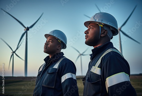 2 young black men in helmets and reflective T-shirts next to a wind turbine field