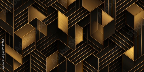 Art Deco seamless geometric design in gold. High relief sculpture of a geometric abstract design in gold plating, set on a black backdrop. Contemporary luxurious metallic background.