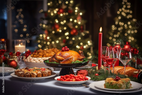 Christmas themed dinner table with variaty of delisious dishes