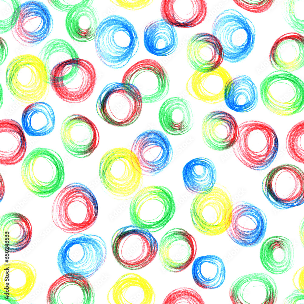 Seamless pattern with multicolored rings, colored pencils.