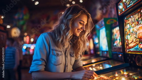 Young woman at a retro arcade, surrounded by vintage pinball machines and classic video games