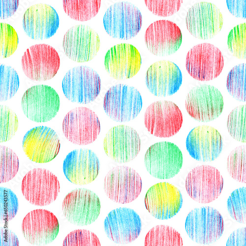 Abstract seamless polka dot pattern. Drawing with colored pencils.