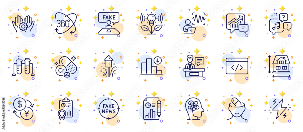 Outline set of Fake review, Inspect and Power line icons for web app. Include Fireworks, Employee hand, Depression treatment pictogram icons. Voice wave, Voicemail, Currency exchange signs. Vector Outline set of Fake review, Inspect and Power line icons for web app. Include Fireworks, Employee hand, Depression treatment pictogram icons. Voice wave, Voicemail, Currency exchange signs. Vector