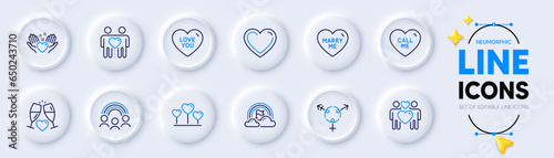 Lgbt, Marry me and Love couple line icons for web app. Pack of Friends couple, Hold heart, Inclusion pictogram icons. Love heart, Call me, Genders signs. Wedding glasses. Rainbow flag, Wedding. Vector