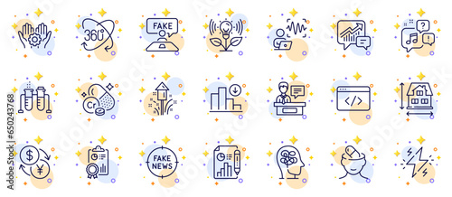 Outline set of Fake review, Inspect and Power line icons for web app. Include Fireworks, Employee hand, Depression treatment pictogram icons. Voice wave, Voicemail, Currency exchange signs. Vector