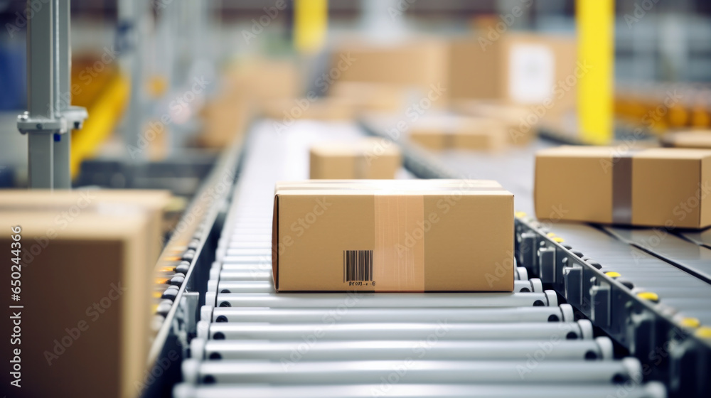 Cardboard box packages warehouse fulfillment, distribution conveyor system products stored, start-up, small business owner, product for delivery to customer, online selling, e-commerce, packing