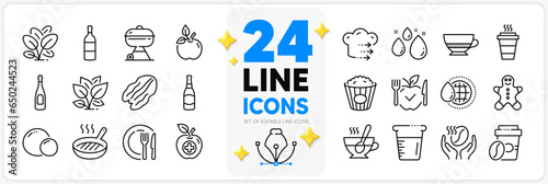 Icons set of Beer bottle, Popcorn and Peas line icons pack for app with Cooking beaker, Takeaway, Food delivery thin outline icon. Spinach, World water, Water drop pictogram. Vector