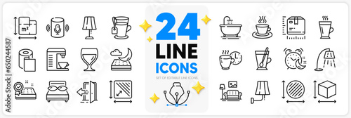 Icons set of Tea mug, Alarm and Coffee machine line icons pack for app with Pillows, Entrance, Coffee break thin outline icon. Bath, Wall lamp, Wine glass pictogram. Night mattress. Vector
