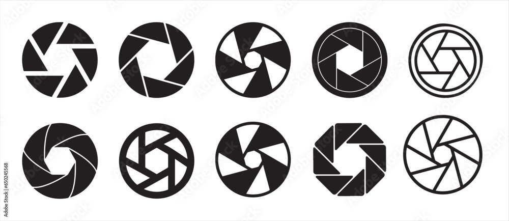 Camera lens diaphragm. Lens aperture, photo shutter, photo lens, shutter lens, camera shutter and camera lens icon collection. Vector illustration Camera lens diaphragm. Lens aperture, photo shutter, photo lens, shutter lens, camera shutter and camera lens icon collection. Vector illustration