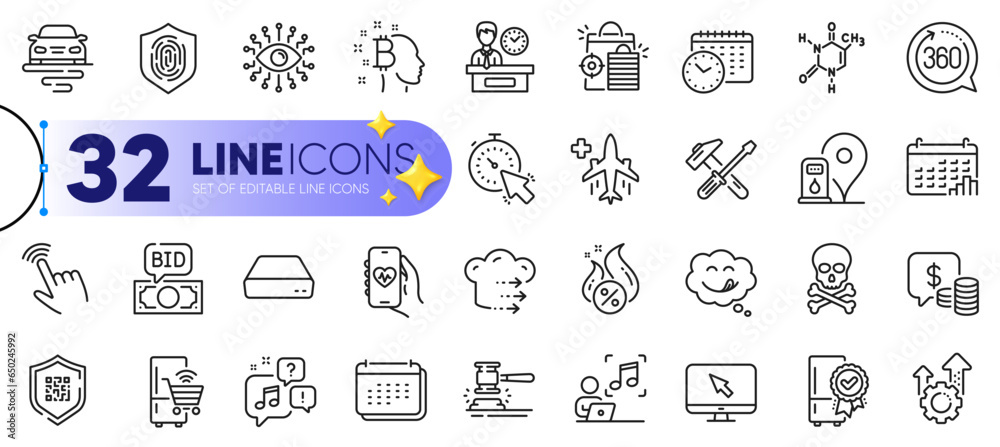 Outline set of Petrol station, Yummy smile and Bitcoin think line icons for web with Certified refrigerator, Chemical formula, Seo shopping thin icon. Health app, Fingerprint. Vector Outline set of Petrol station, Yummy smile and Bitcoin think line icons for web with Certified refrigerator, Chemical formula, Seo shopping thin icon. Health app, Fingerprint. Vector
