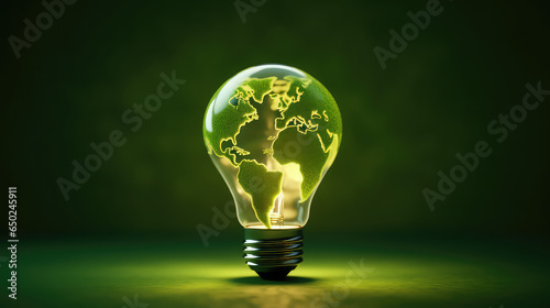 Renewable Energy.Environmental protection, renewable, sustainable energy sources. Green world map on the light bulb on green background .green energy. Renewable energy is important to the world	