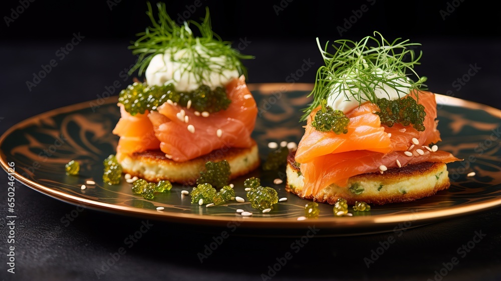 canapés with salmon on a red plate.