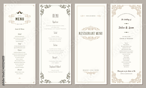 Wedding and restaurant menu. Ornate vertical classic templates. Good for banners, greeting and business cards, invitations, flyers, brochure, email header, advertising, events and page cover.