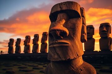 Enigmatic Moai statues stand against the backdrop of a colorful Polynesian sunset, adding to the islands' mystique
