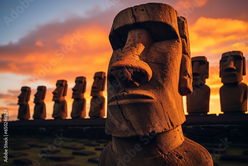 Enigmatic Moai statues stand against the backdrop of a colorful Polynesian sunset, adding to the islands\' mystique