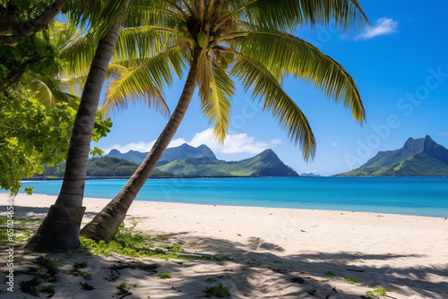 Coconut trees sway gently in the breeze along a pristine beach with white sands and azure waters in Polynesia