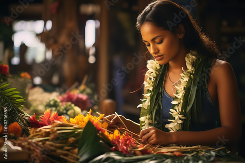 A Polynesian woman skillfully crafts a floral lei using fresh plumeria flowers, a traditional Polynesian garland