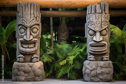 Stone tiki statues stand guard at the entrance of a Polynesian village, offering a sense of protection and history