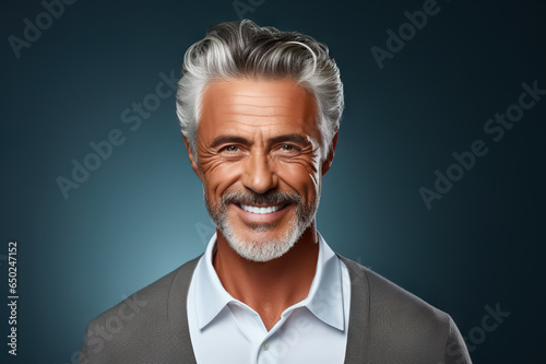 Timeless Elegance Joyful Mid-Age Businessman with a Radiant Smile - Healthy Aging and Beauty in a Close-up Portrait. created with Generative AI