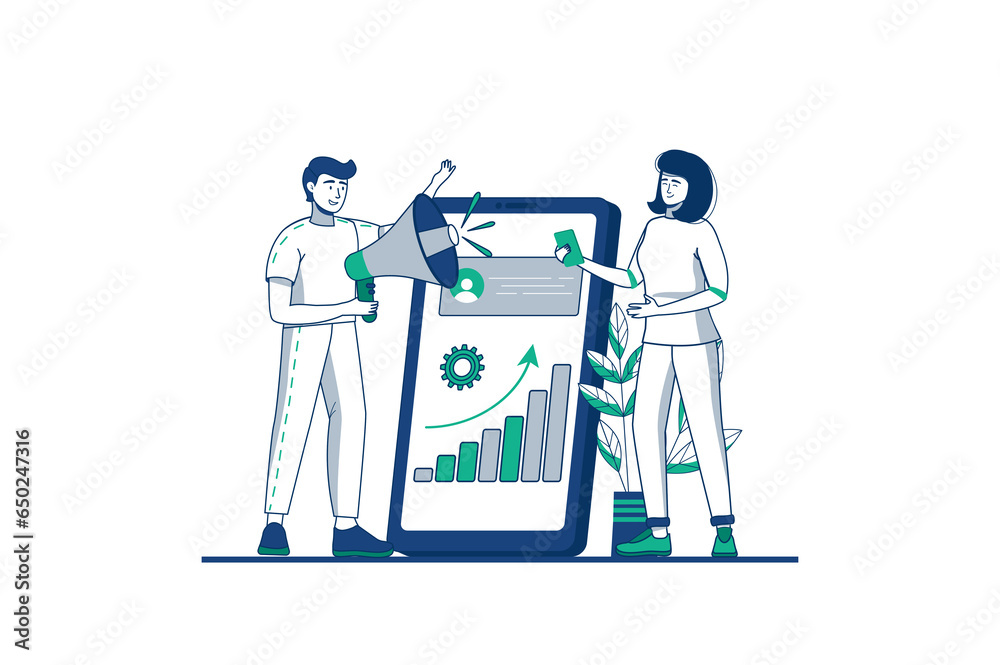 custom made wallpaper toronto digitalDigital marketing blue outline concept with people scene in the flat cartoon design. Team of marketers tests Internet platforms for digitizing their work. illustration.
