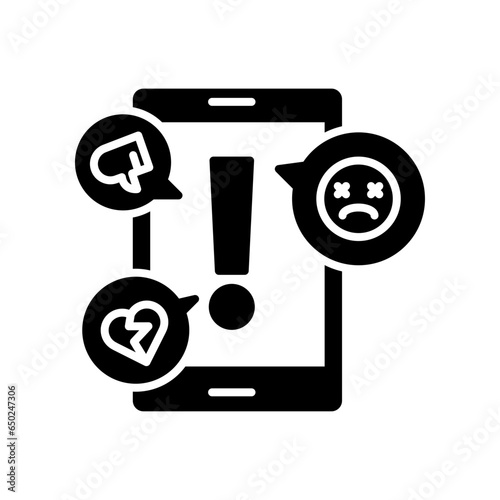 cyberbullying glyph icon. Abuse, internet harassment warning, hate, bully, social media insult. Sad face of online gossip victim. Flat pictogram. vector illustration design
