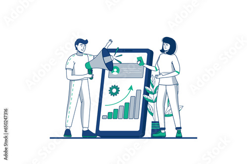 Wallpaper Mural Digital marketing blue outline concept with people scene in the flat cartoon design. Team of marketers tests Internet platforms for digitizing their work. illustration. Torontodigital.ca