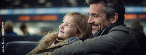 Father and child smile while waiting for an airplane in the airport waiting area