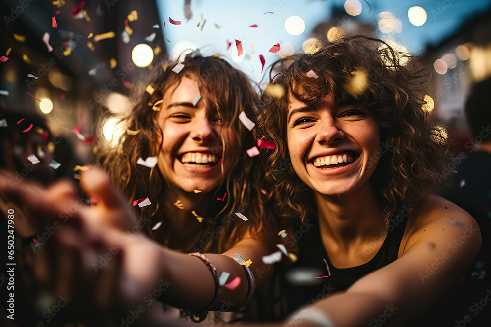 Confetti Cascade Vibrant Young Women Celebrating Together on a Lively Evening Terrace Party. created with Generative AI Confetti Cascade Vibrant Young Women Celebrating Together on a Lively Evening Terrace Party. created with Generative AI
