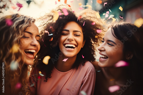 Confetti Cascade Vibrant Young Women Celebrating Together on a Lively Evening Terrace Party. created with Generative AI