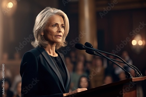 A portrait of a confident and elegant senior Caucasian businesswoman, radiating beauty and confidence at a government event.