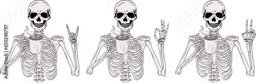 Skeleton Drinking Coffee Halloween with difference hand: ok hand, peace hand, rock hand. Skeleton holding a coffee cup