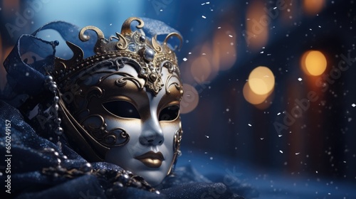Isolated Venetian carnival mask on blurred night snowfall background of Venice in Italy on dark February evening and blurred city street background © Wendy2001