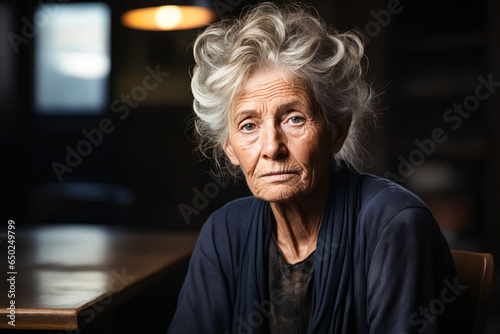 Woman with grey hair sitting at table with dark background. © valentyn640